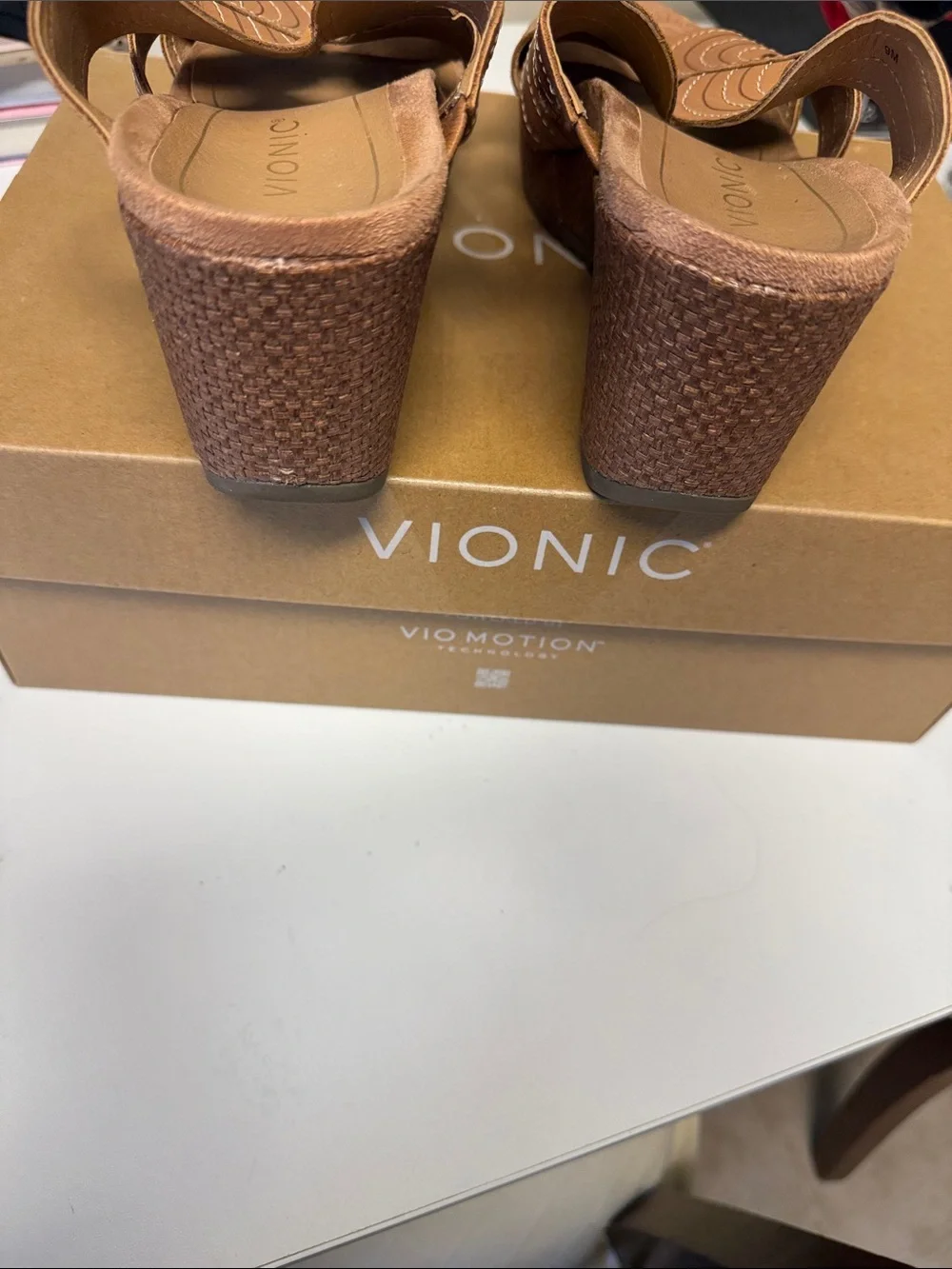 Vionic Brown Wedge Slide Sandals with Wave Stitch Straps